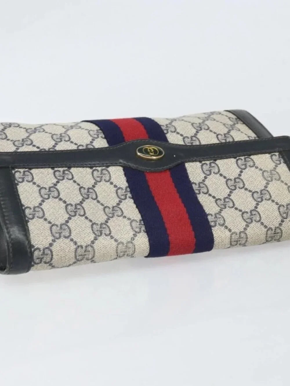 GUCCI GG Supreme Sherry Line Clutch Bag PVC Navy Gold 010 378 Auth BA10399